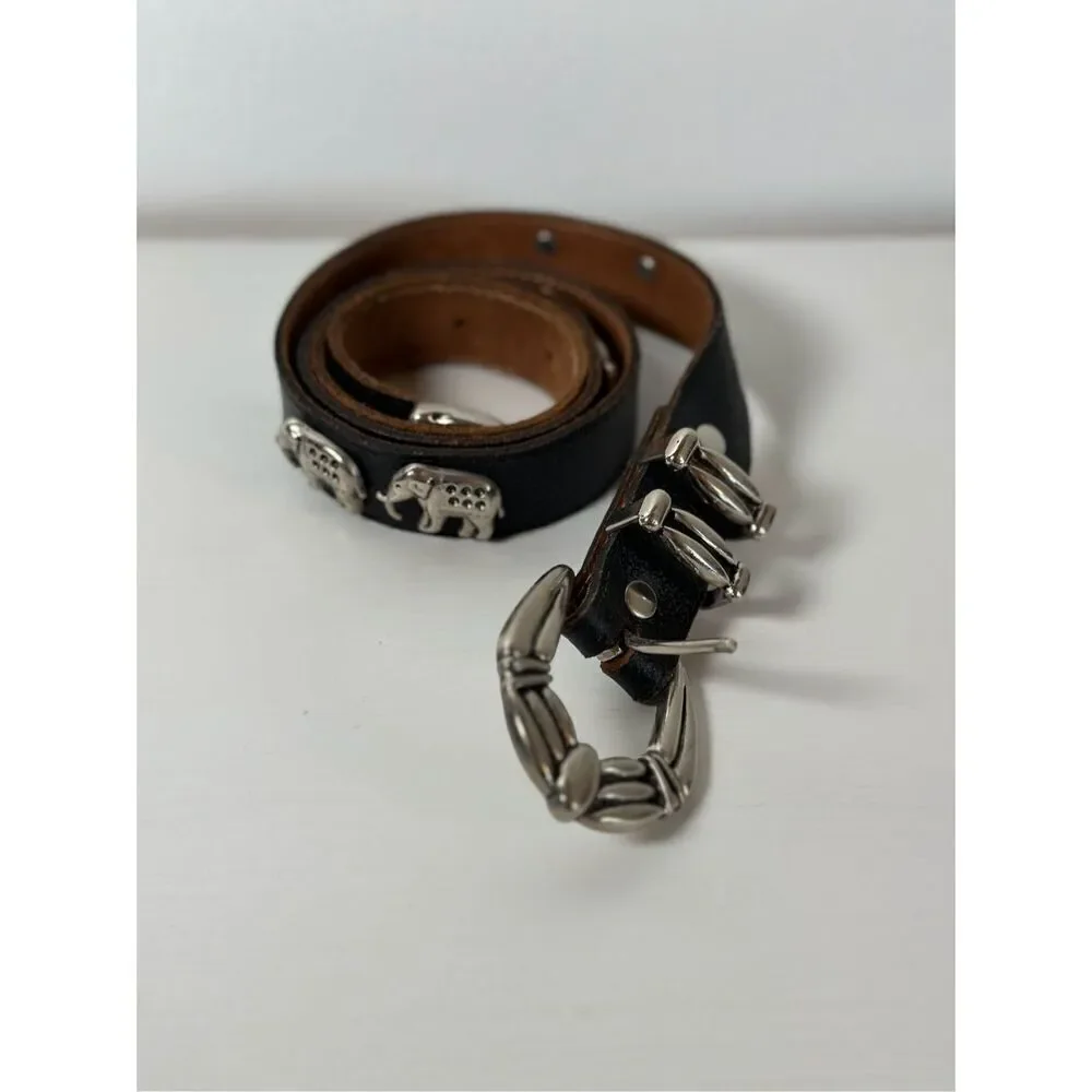Elephant black 2” genuine leather women’s belt silver buckle size M/L #M-1573
